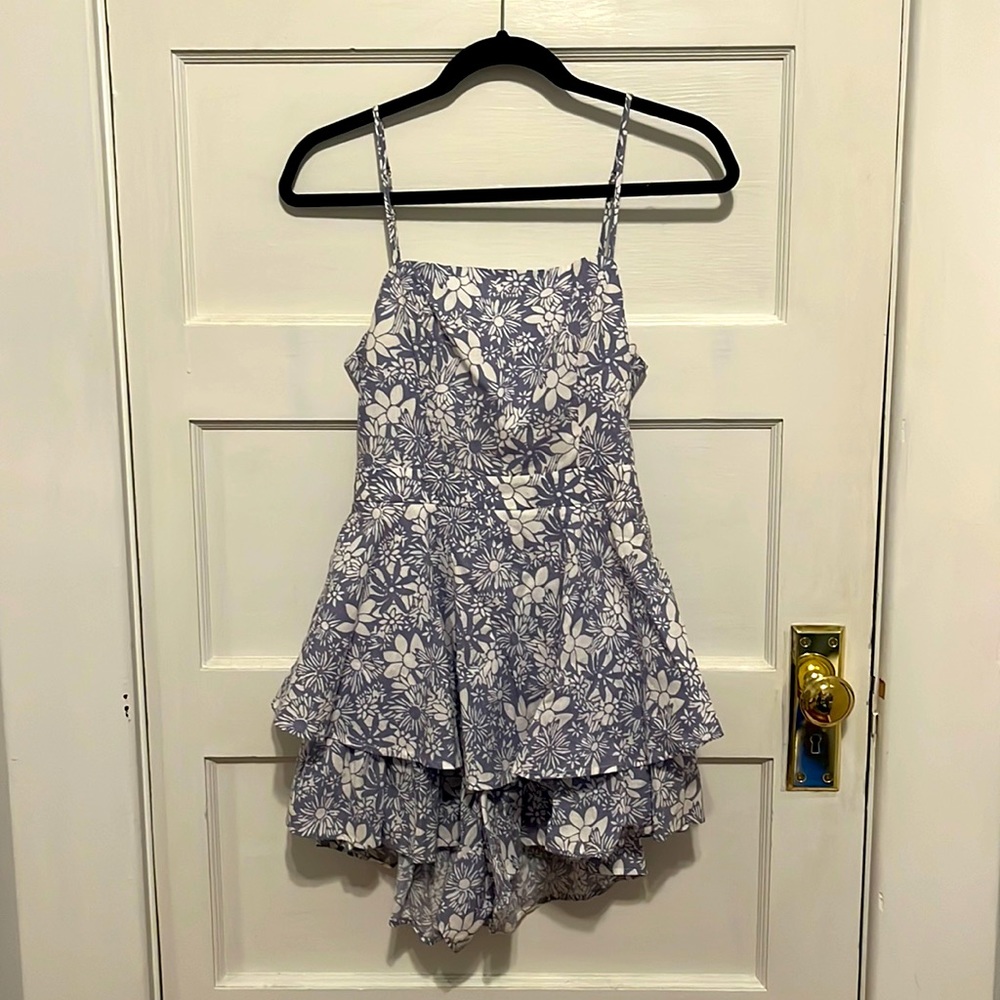 FASHION SUMMER STRAP BLUE FLORAL PRINT BACK TIE-UP RUFFLE ROMPER